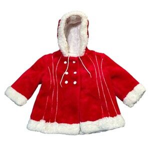 True VTG Mid-century 60s 70s Child's Size 18 Fur Coat Red Mod White Trim Hood